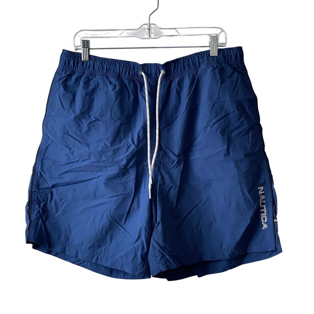 Nautica Mens Navy Blue Mesh Lined Swim Trunks Shorts Large Embroidered Logo‎